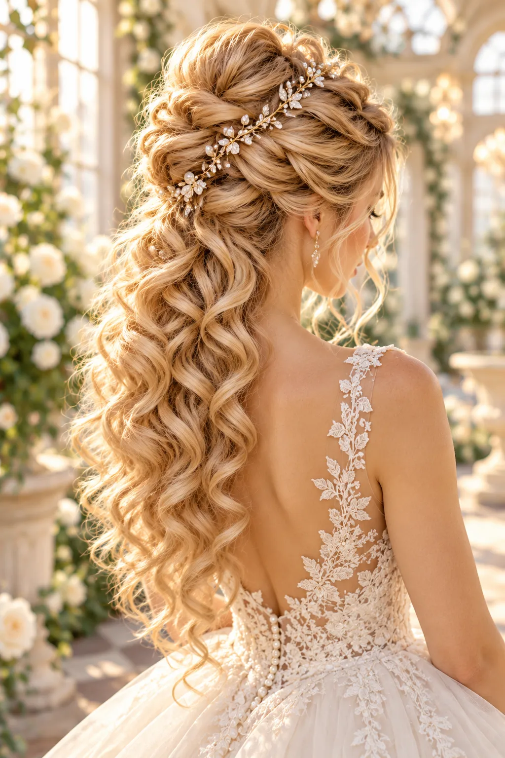 Twisted Crown Updo with Cascading Curls