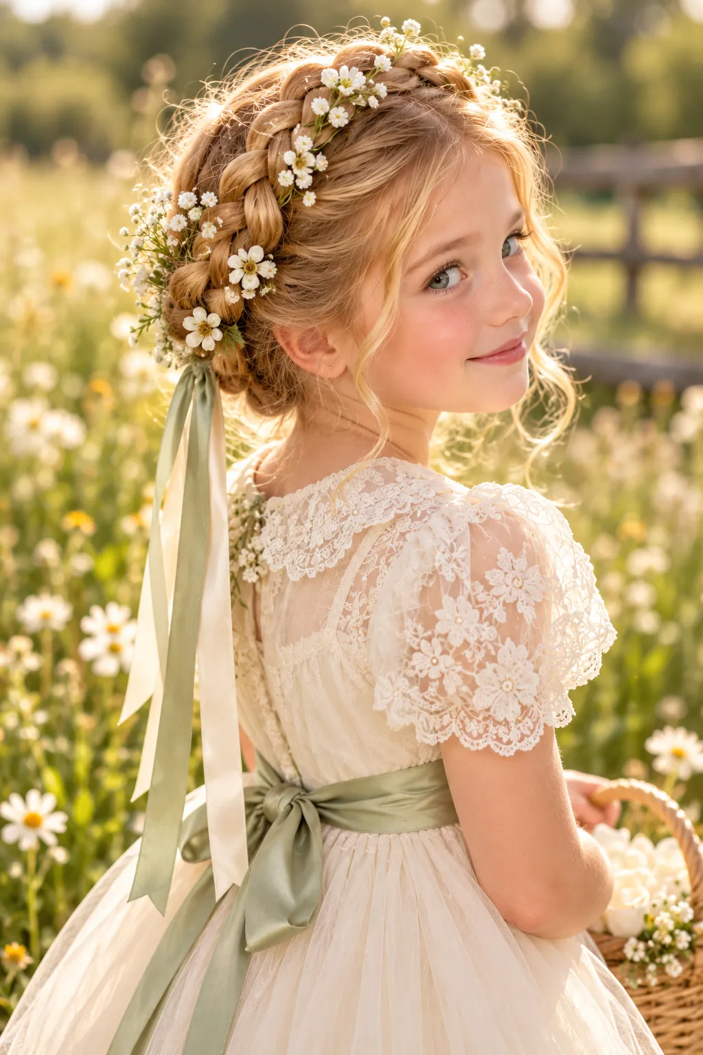  Braided Crown Updo with Wildflowers