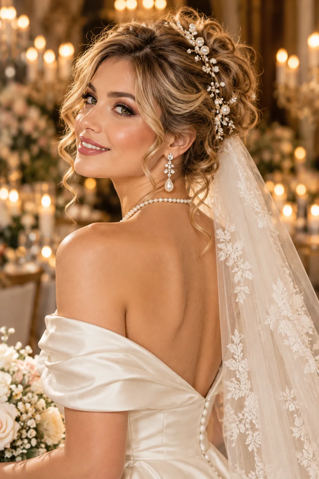 Curly Pinned Updo with Pearl Vine
