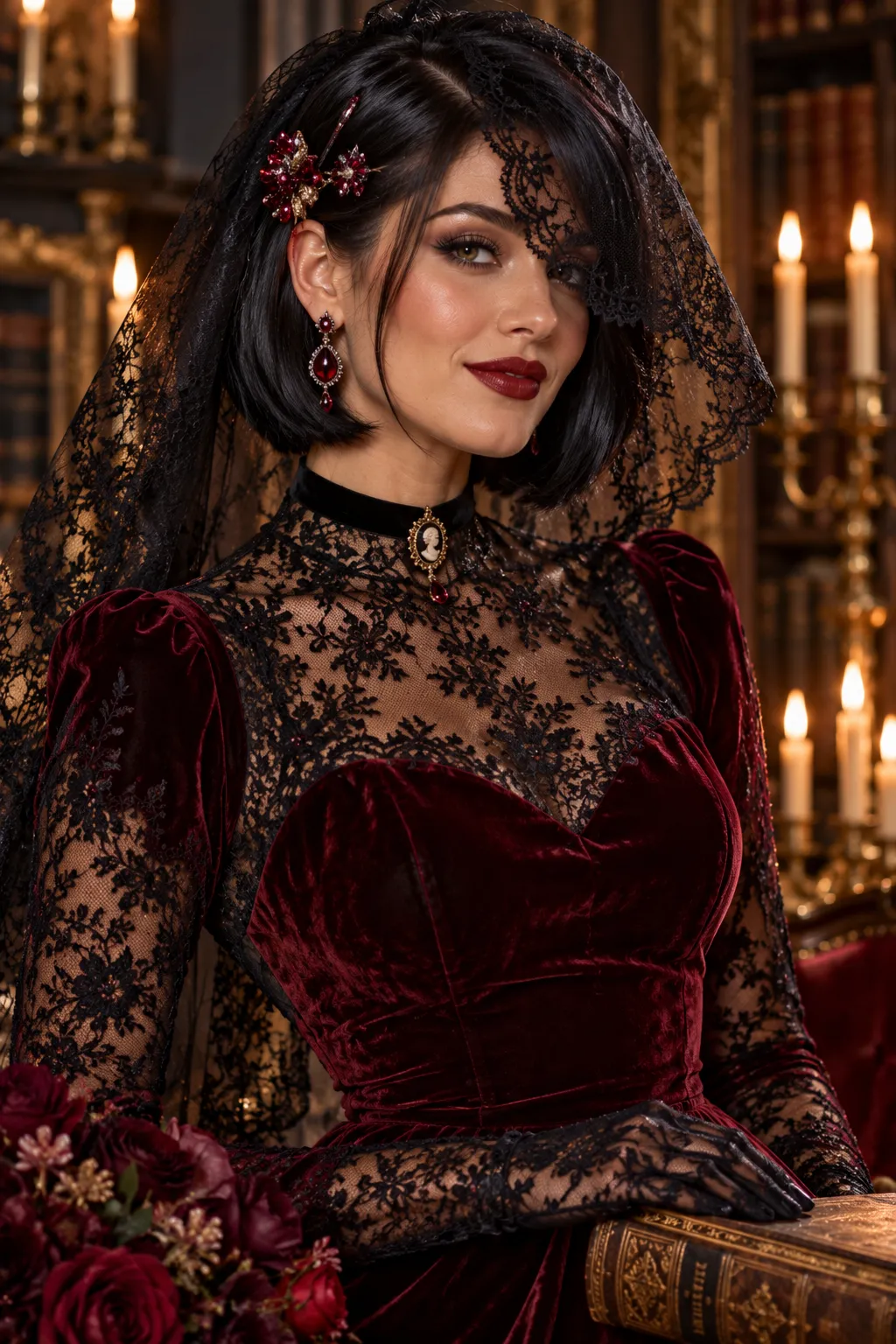 Jet Black Bob with Ruby Hair Clip and Lace Veil