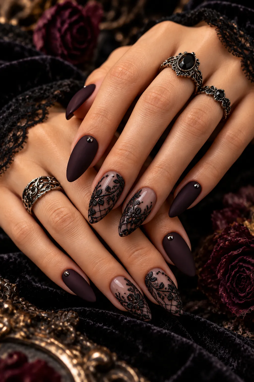 Gothic Lace Manicure and Antique Rings