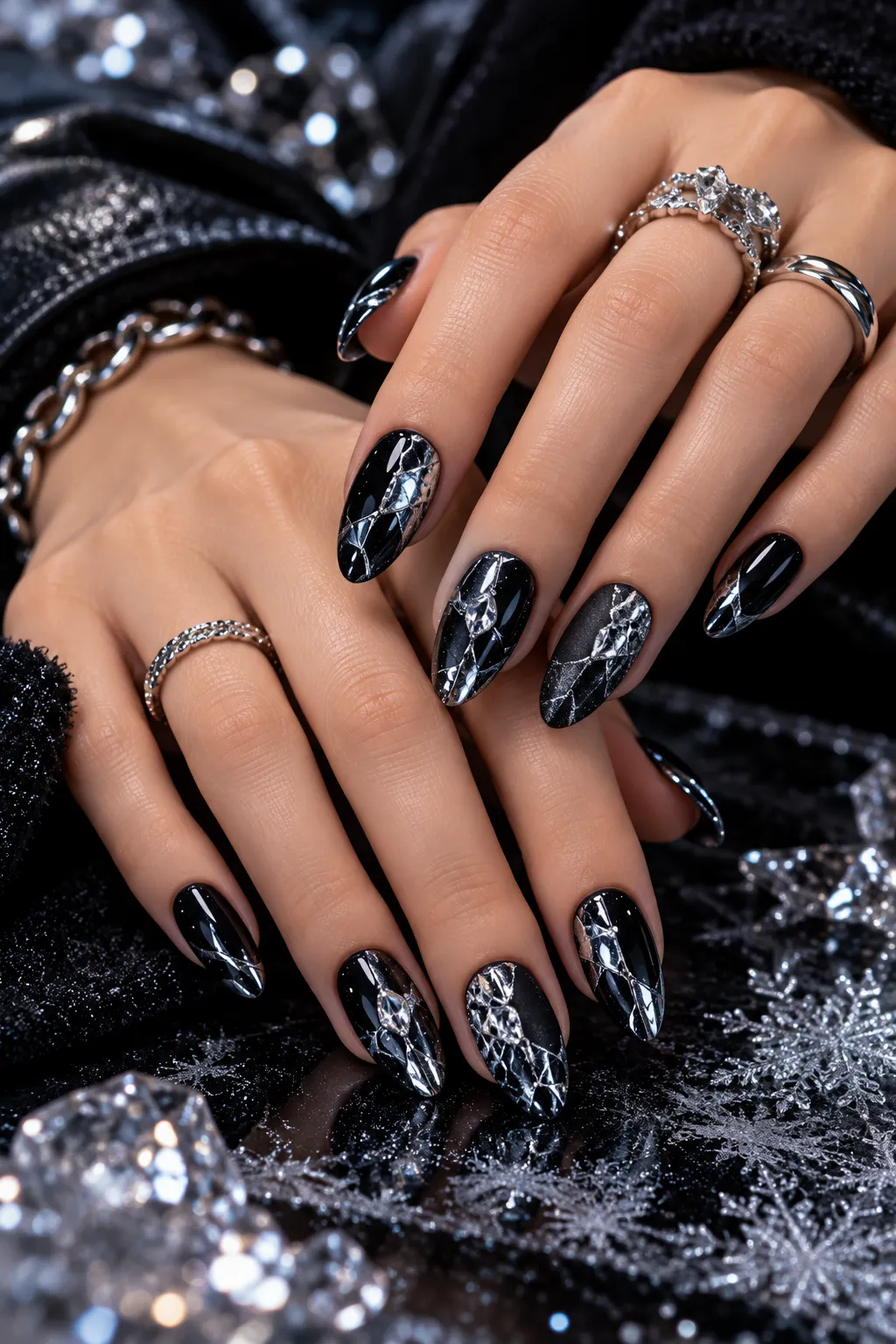 Icy Black Chrome Shatter Nails