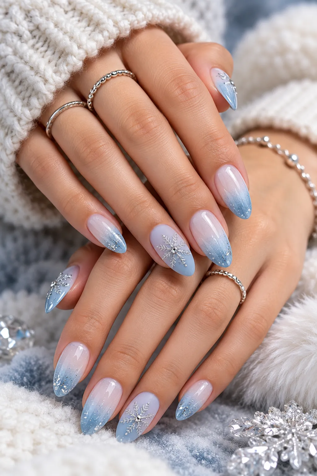 Icy Blue Ombre Snowflake Nails