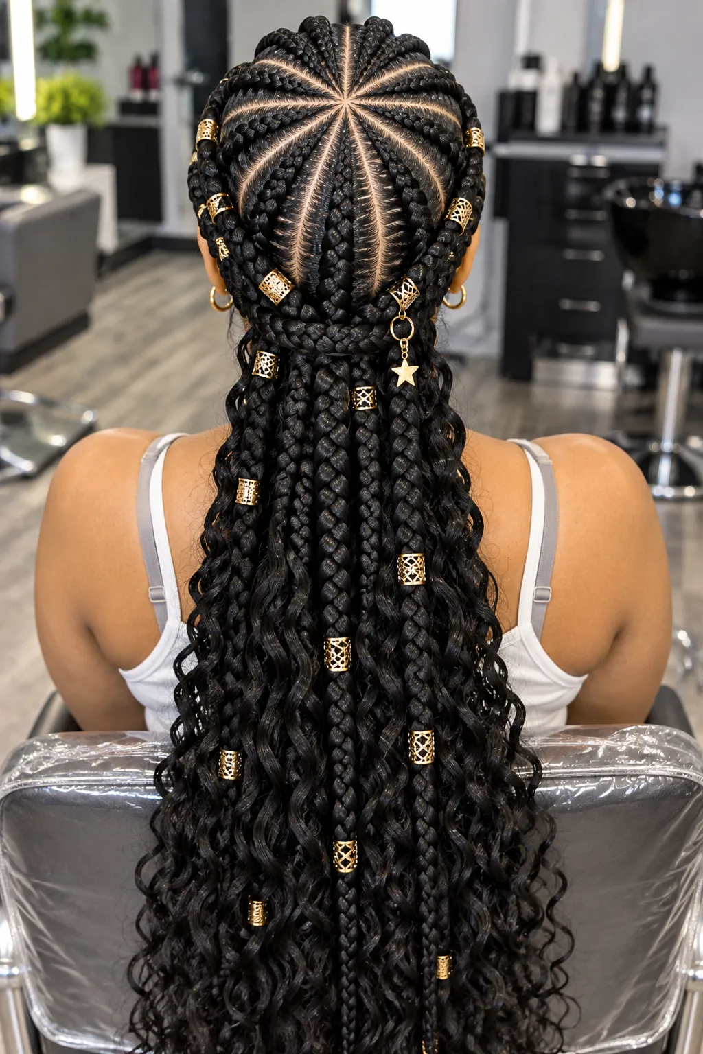 Sunburst Cornrows with Gold Cuffed Curly Braids Sunburst Cornrows with Gold Cuffed Curly Braids