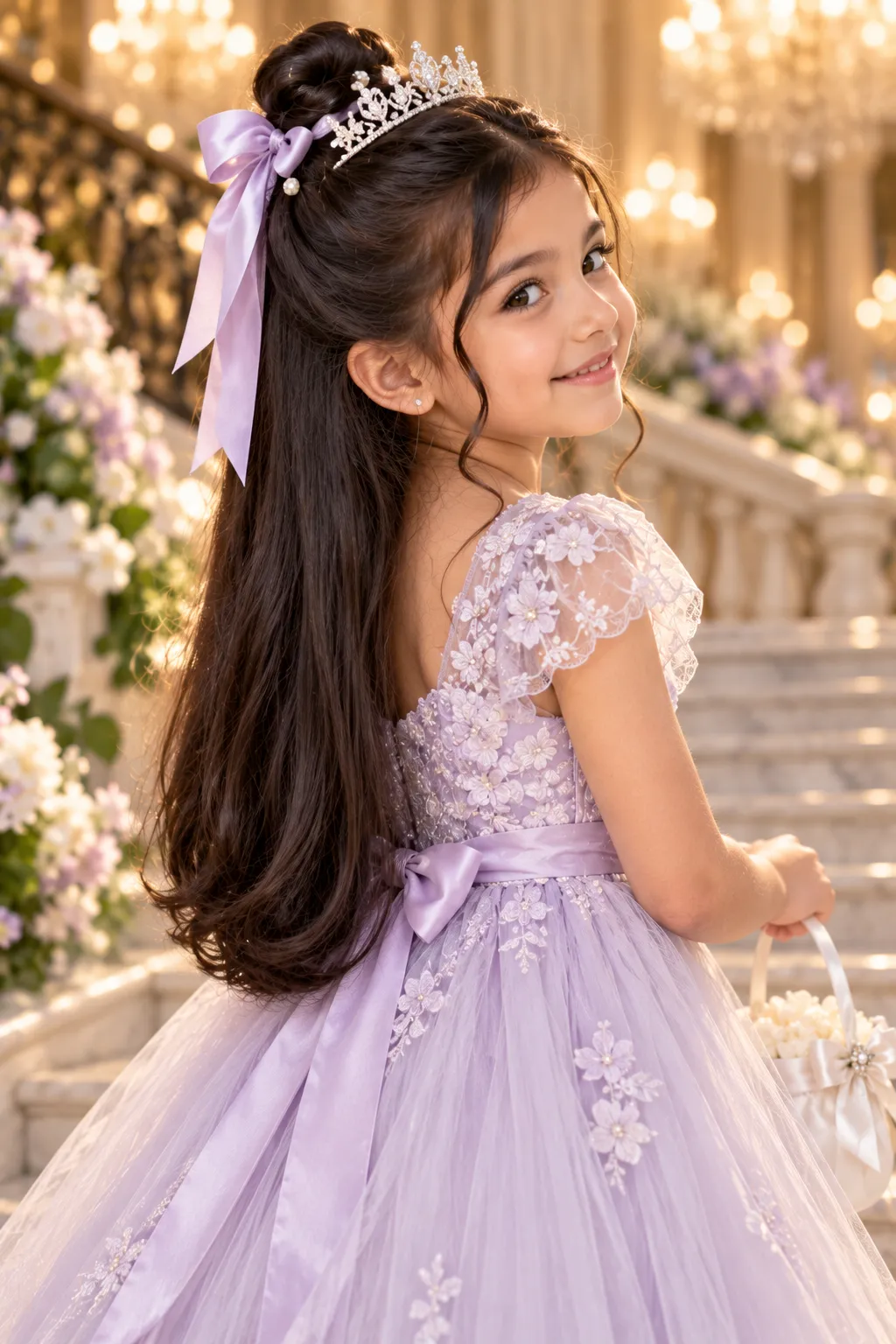 Half Up Top Knot with Tiara and Lavender Bow