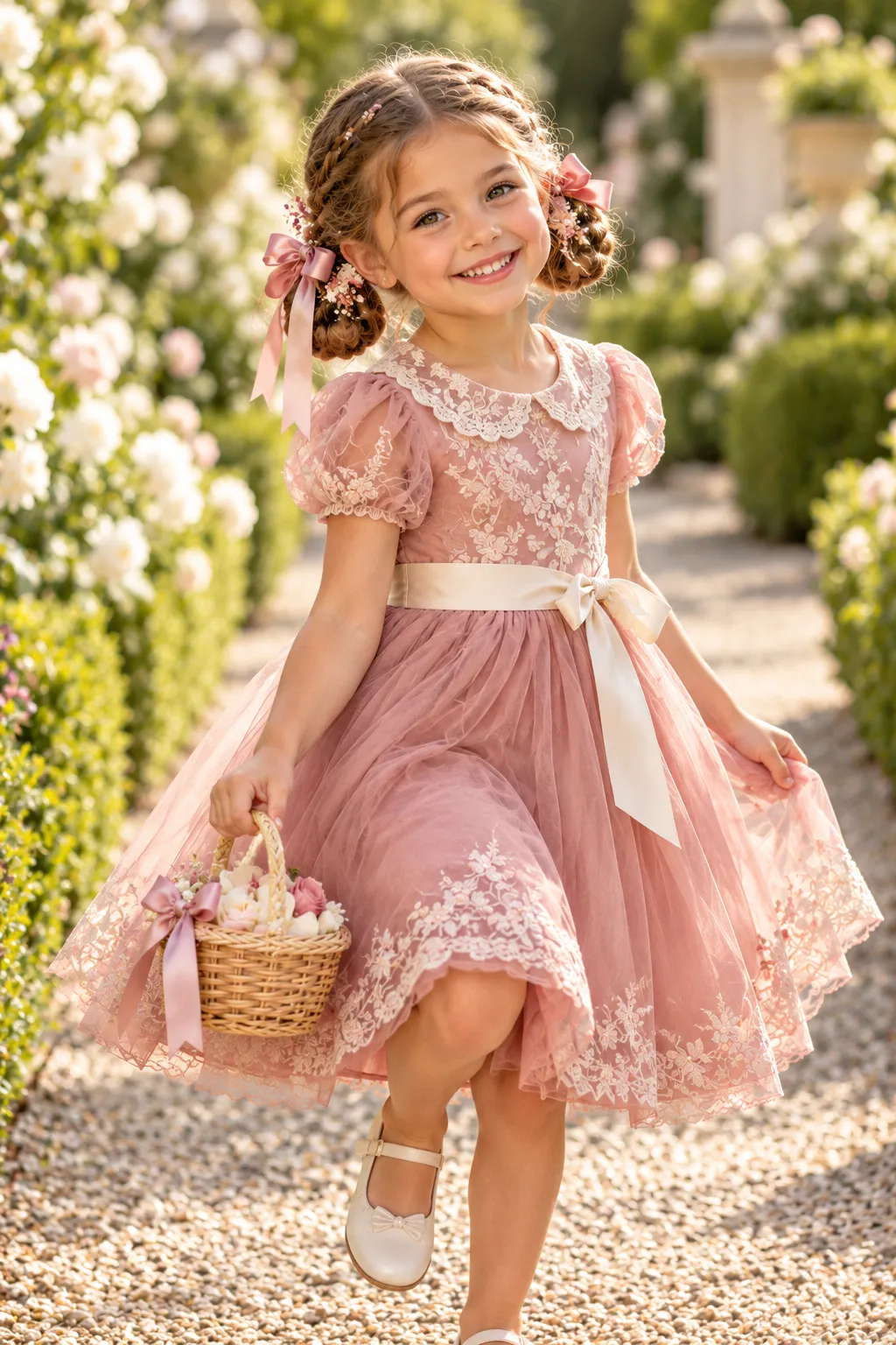 Braided Pigtail Buns with Pink Bows