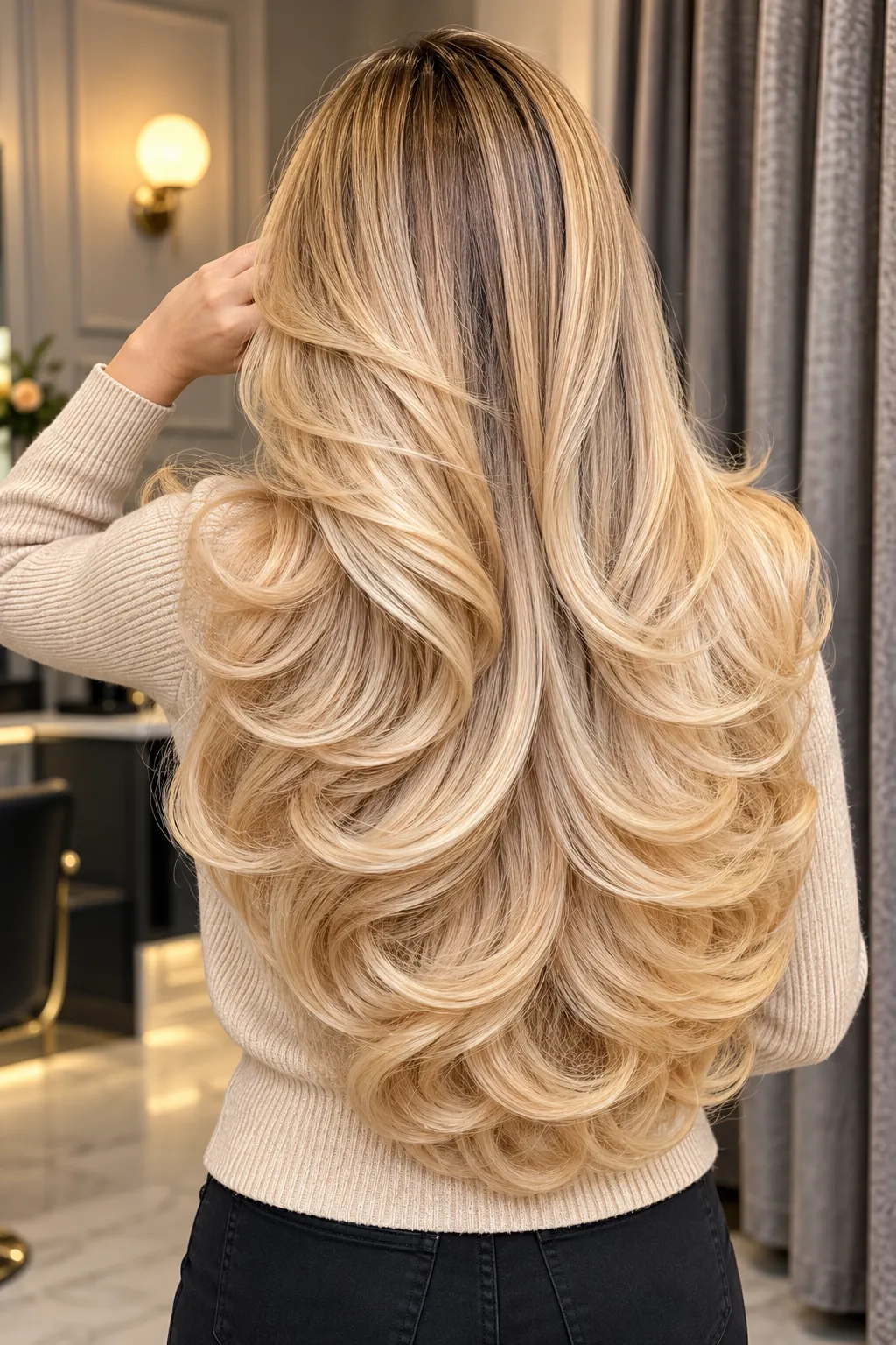 Back View Buttery Blonde Layered Blowout Back View Buttery Blonde Layered Blowout