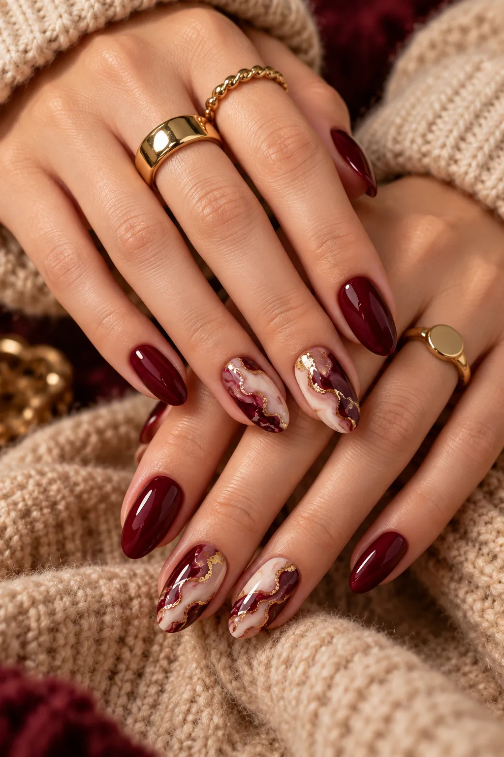 Luxurious Burgundy Marble Manicure
