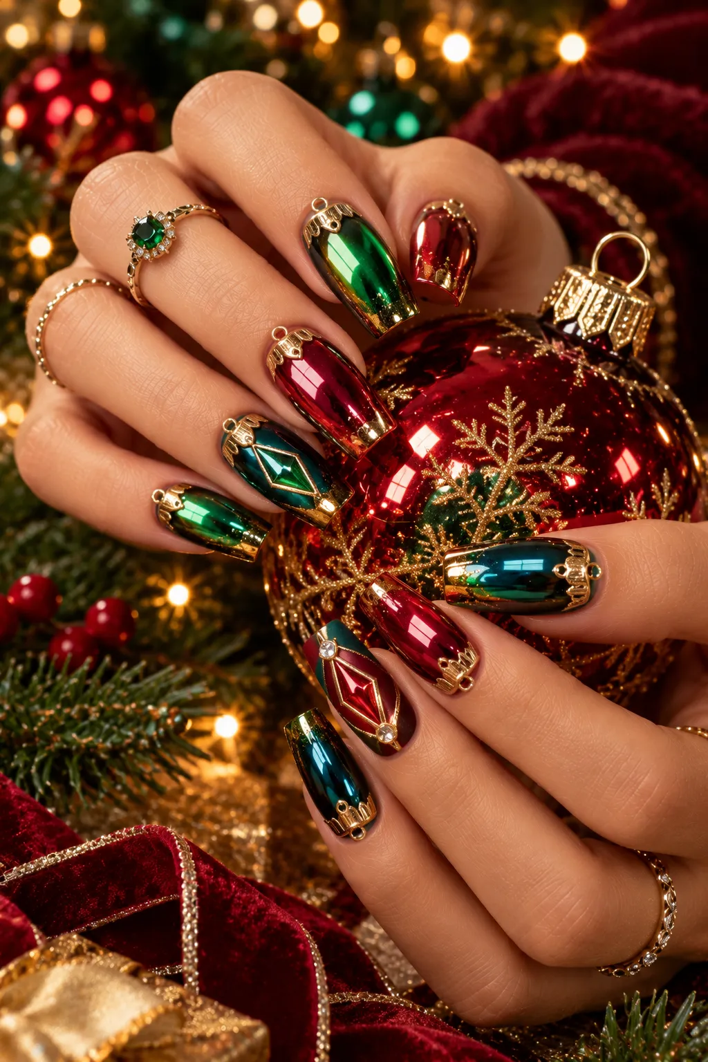  Christmas Ornament Chrome Nails