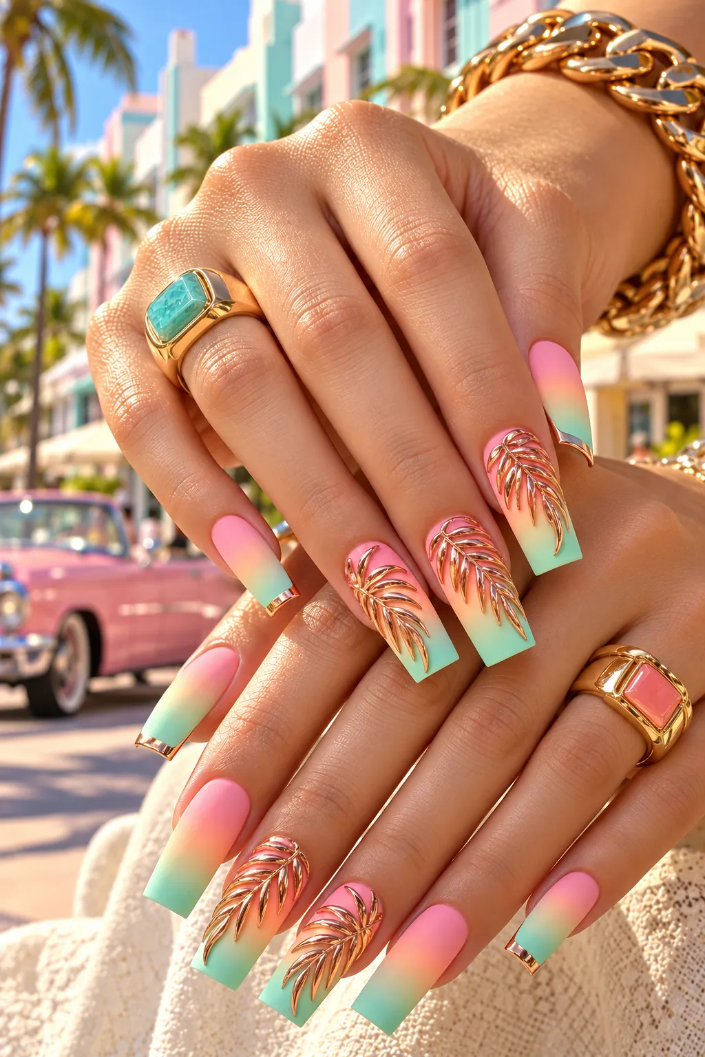 Miami Pastel Palm Nail Art