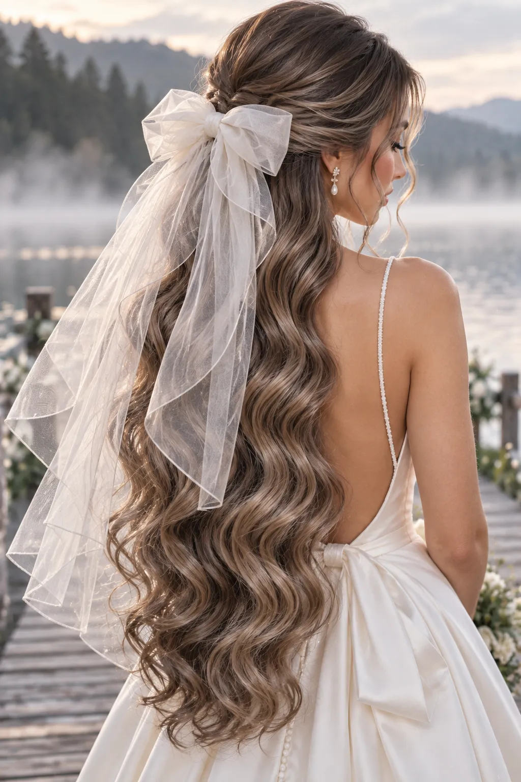 Half Up Tulle Bow Veil with Long Waves