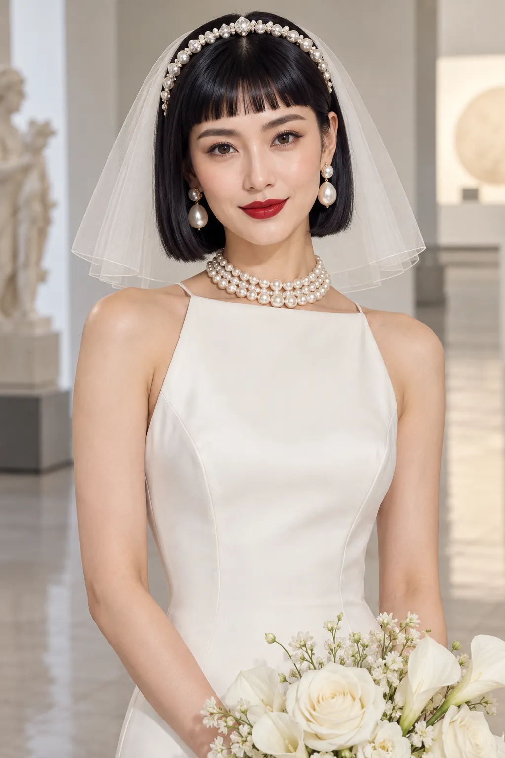 Blunt Bob with Bangs and Pearl Tiara