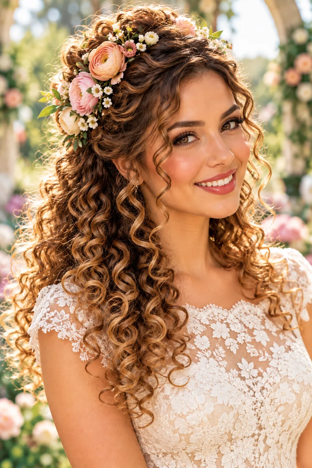 Curly Half Up with Fresh Peony and Ranunculus Flowers Curly Half Up with Fresh Peony and Ranunculus Flowers