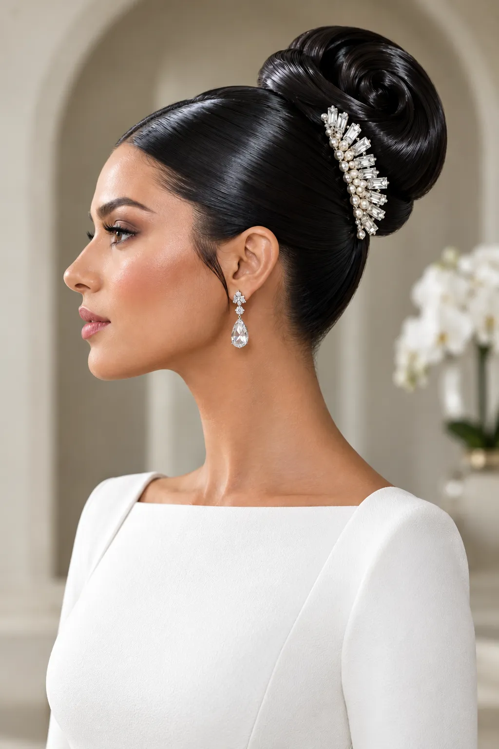 High Sleek Bun with Crystal Pearl Comb