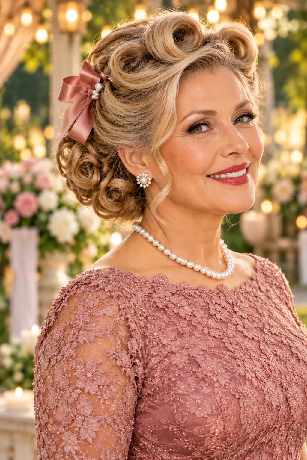 Vintage Rolled Curl Updo with Satin Bow