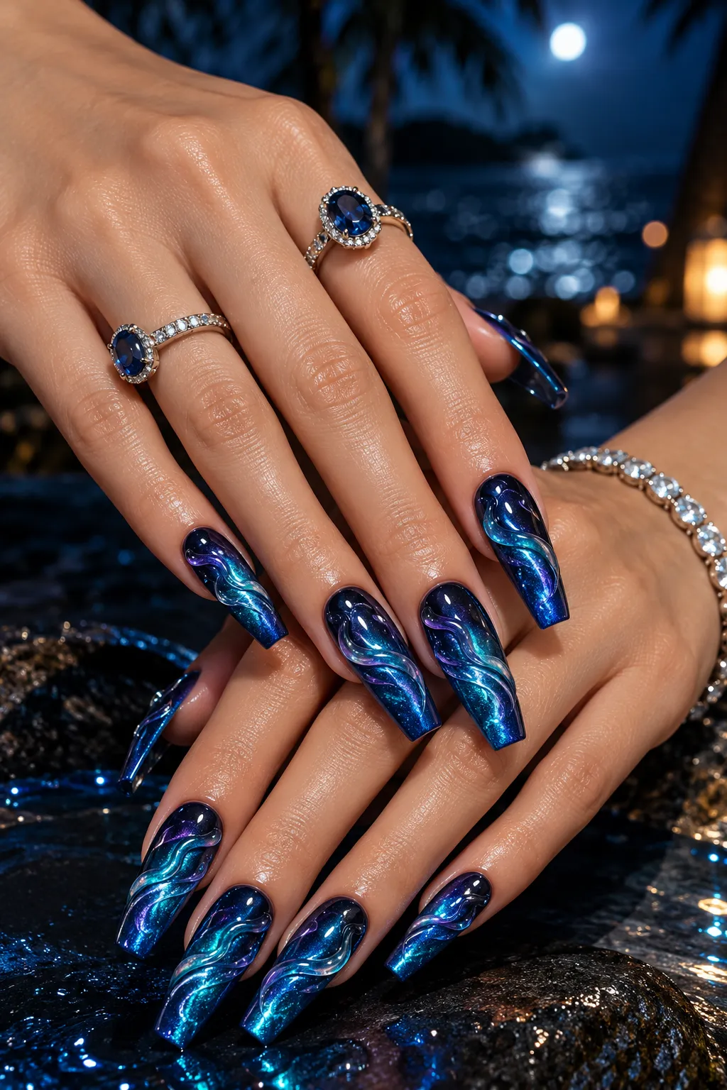 Moonlit Aurora Ocean Nails