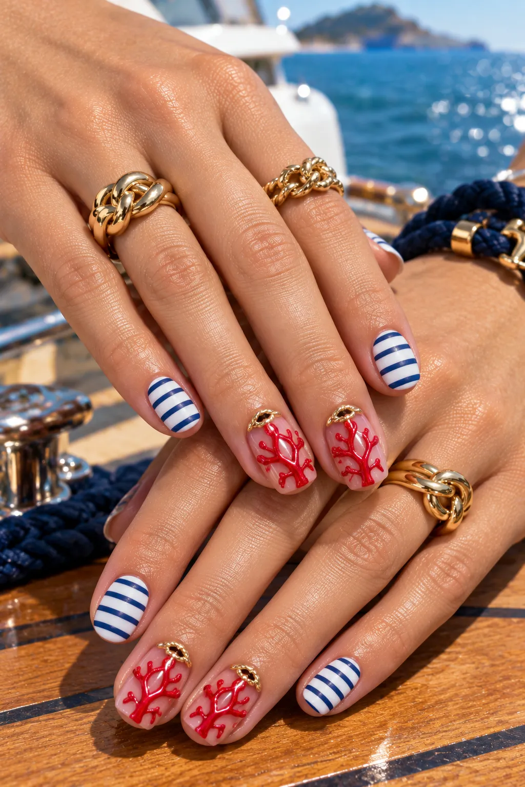 Nautical Coral Manicure on Deck