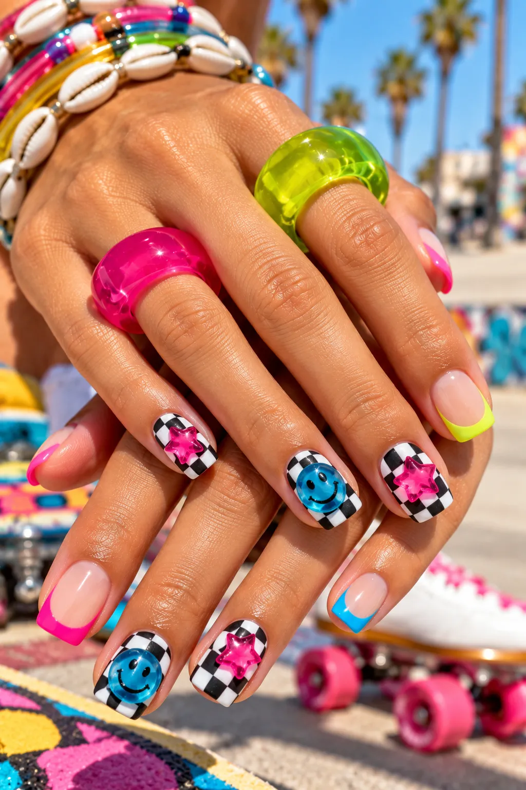 Neon Beach Checkerboard Nail Art