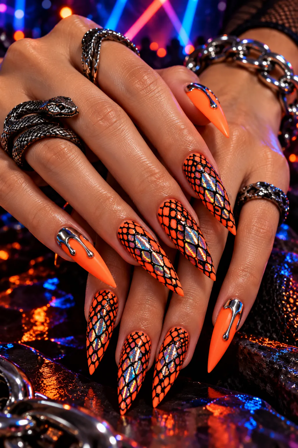 Neon Holographic Snake Nail Glam