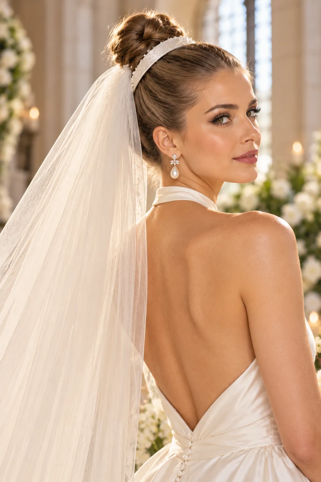 Sleek High Bun with Satin Headband and Chapel Veil