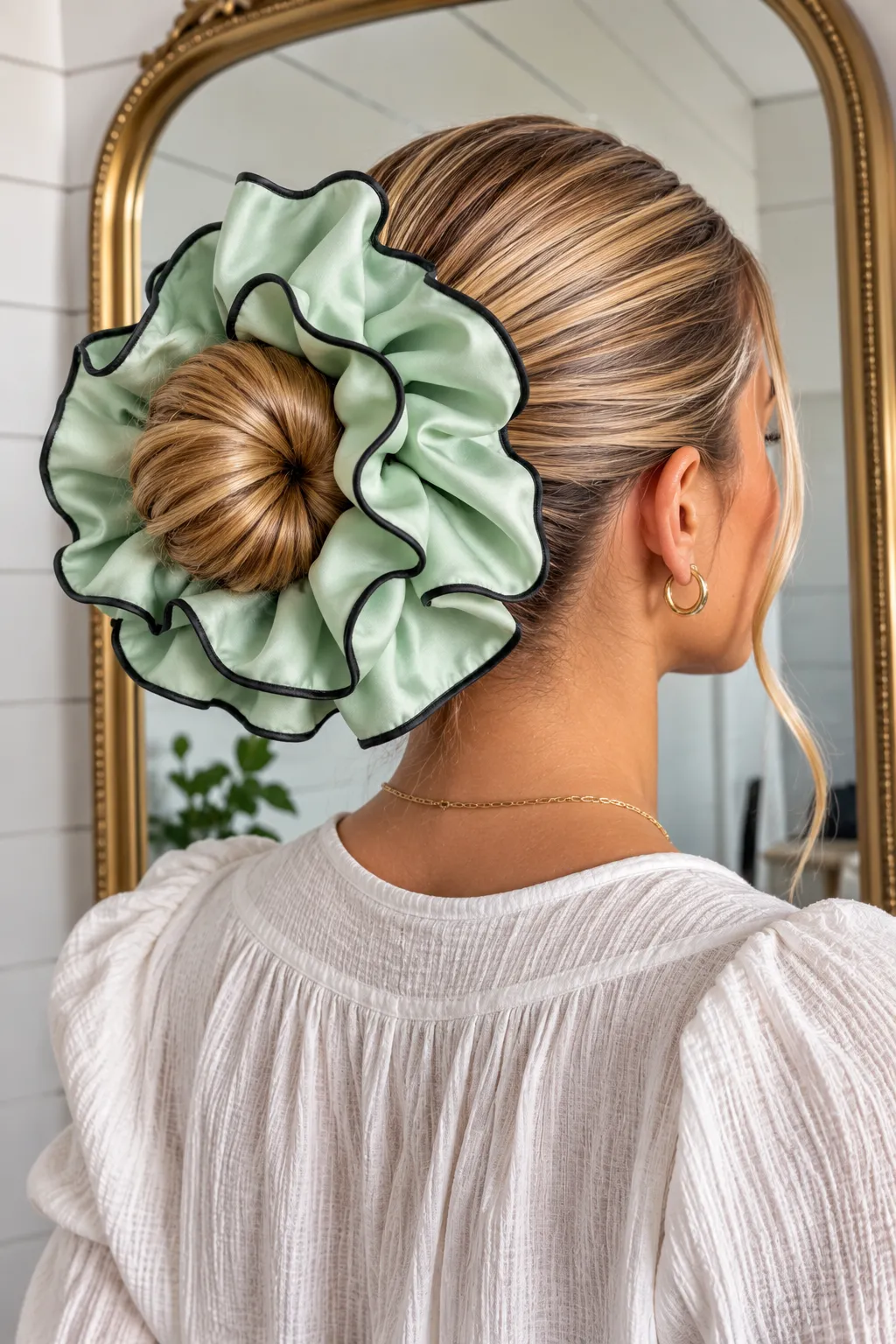 Sleek Low Bun with Oversized Mint Scrunchie