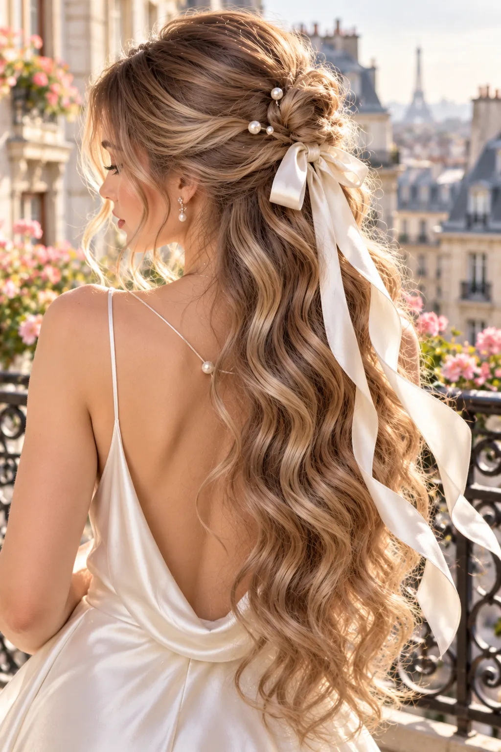 Half Up Bun with Satin Ribbon and Pearls