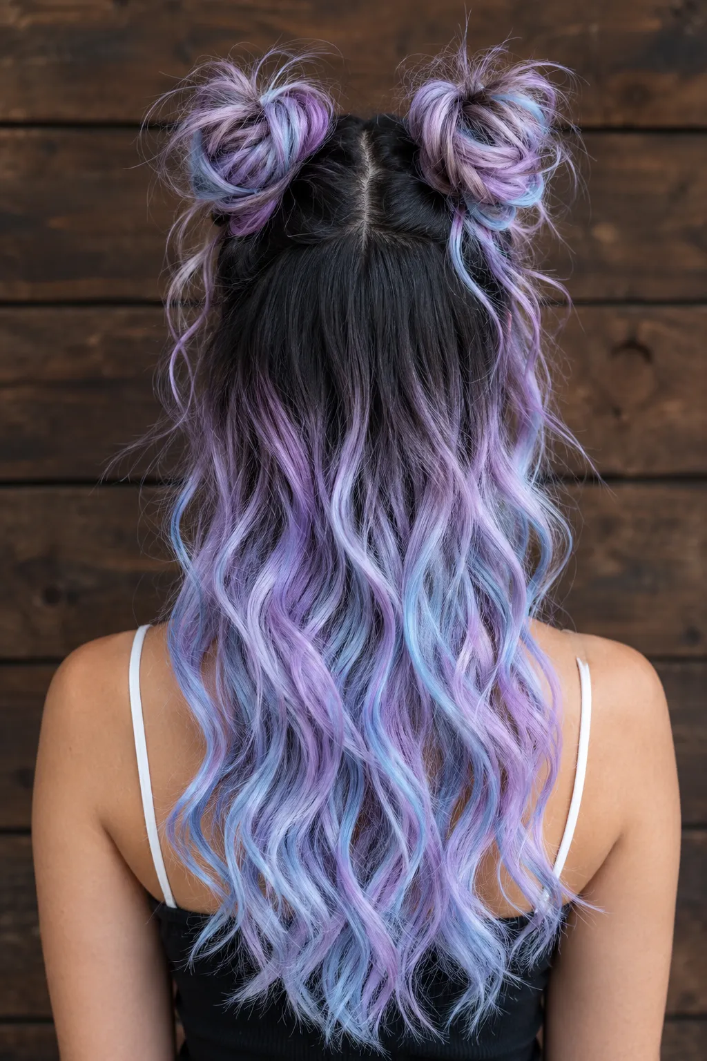 Pastel Space Buns with Lavender and Blue Waves