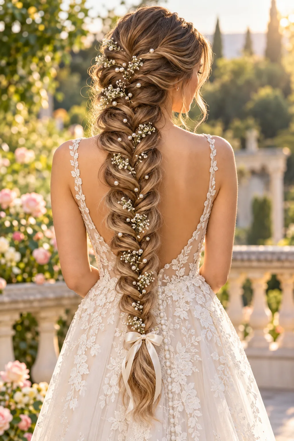 Loose Fishtail Braid with Pearls and Baby’s Breath