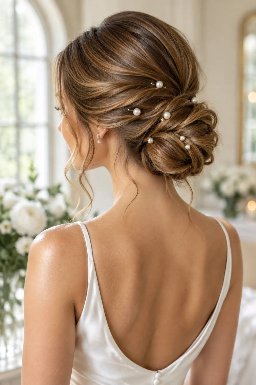Soft Twisted Chignon with Scattered Pearl Pins