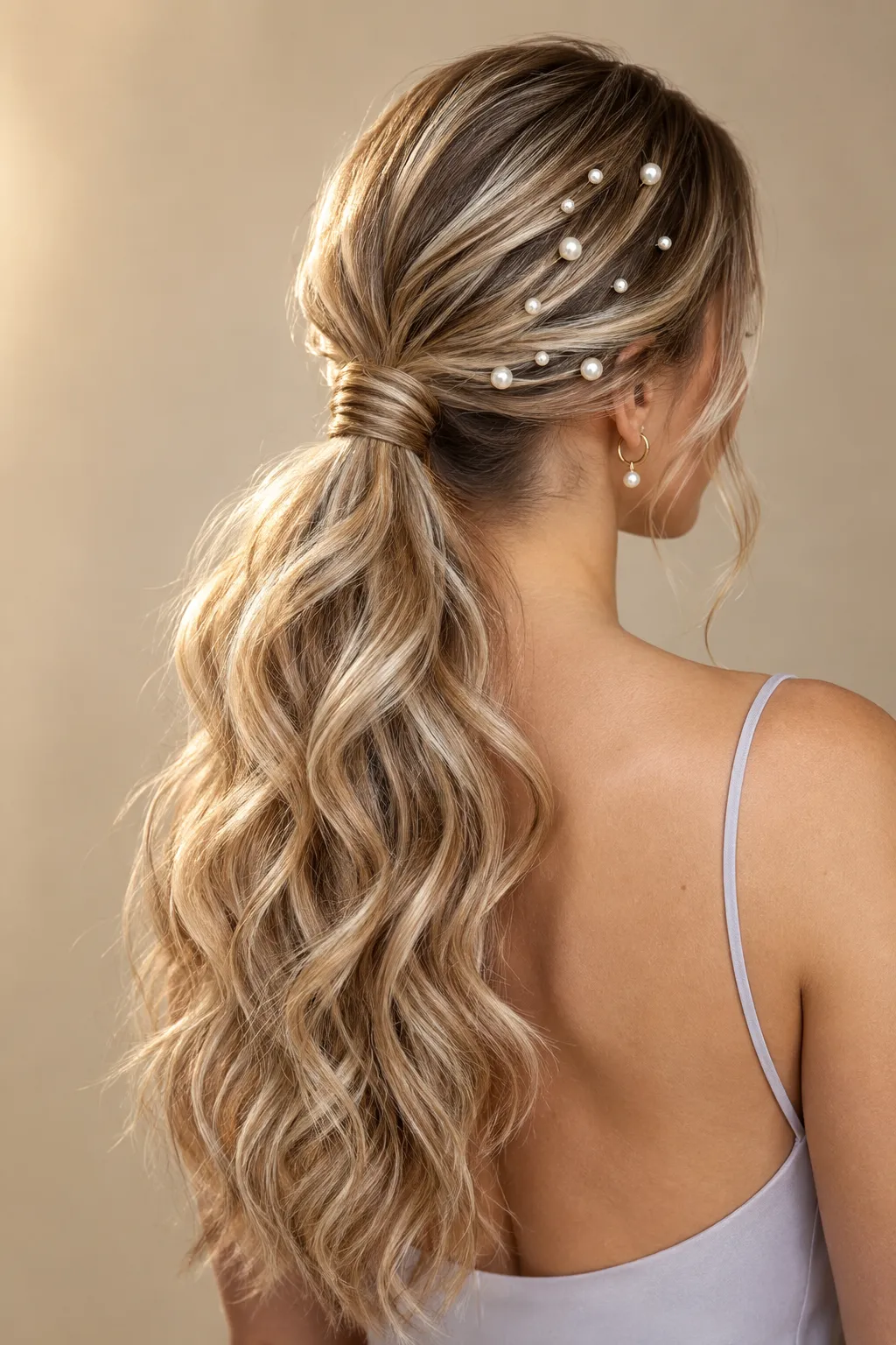 Wavy Low Ponytail with Scattered Pearl Pins