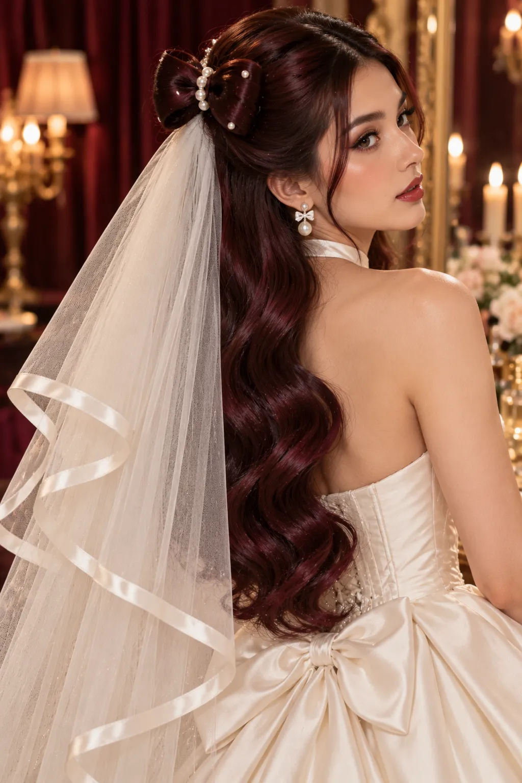 Burgundy Waves with Pearl Bow and Ribbon Edged Veil