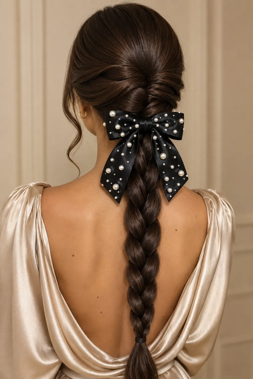 Sleek Low Braid with Black Pearl Bow