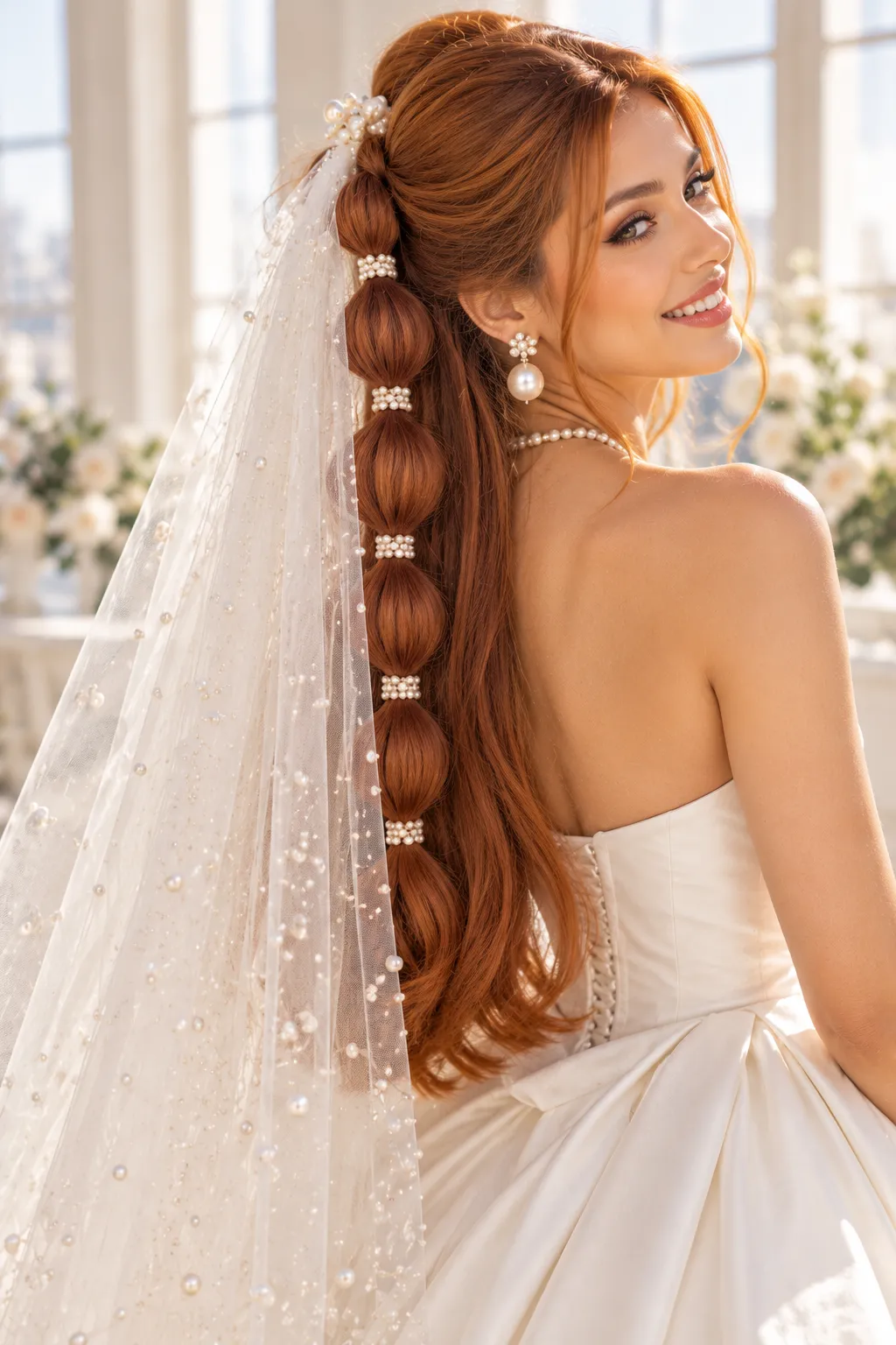  Auburn Bubble Ponytail with Pearl Scattered Veil