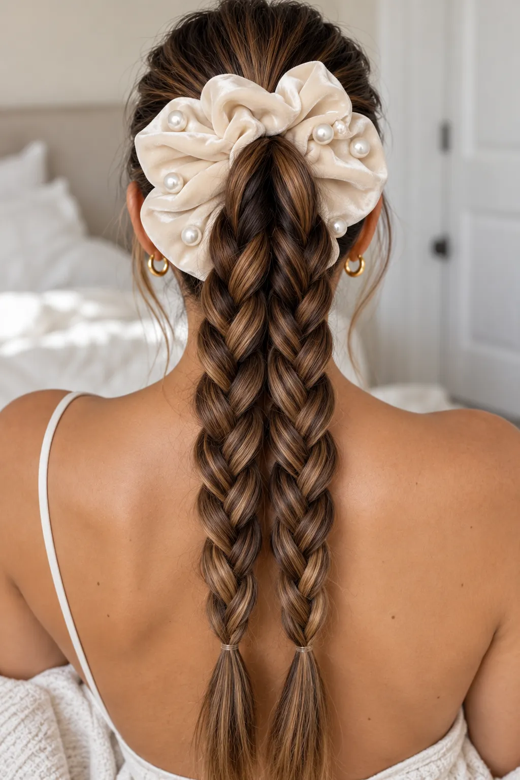 Twin Braided Ponytail with Pearl Velvet Scrunchie