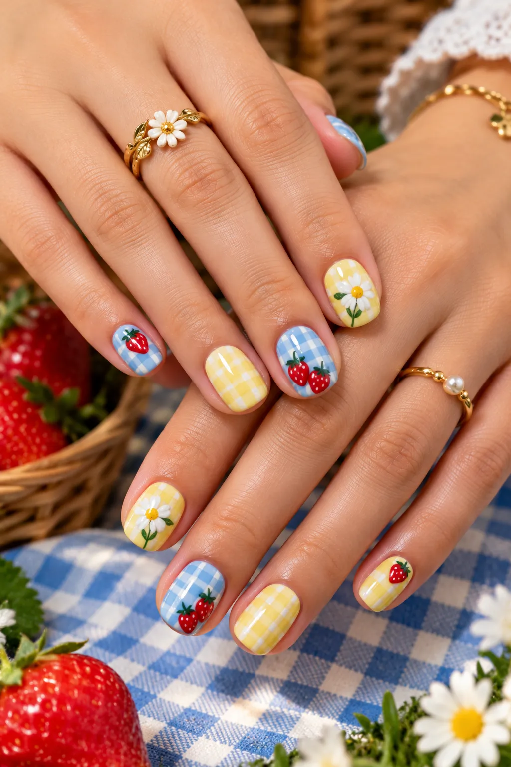 Picnic Strawberry Gingham Nails