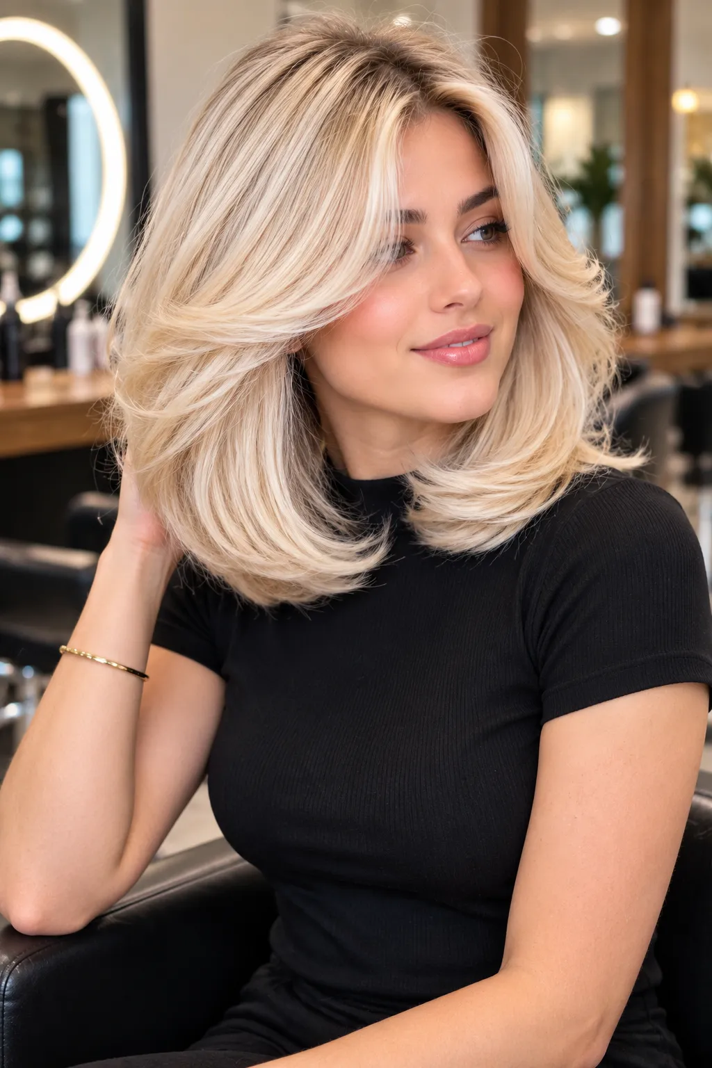 Platinum Blonde Medium Blowout with Face Framing Layers Platinum Blonde Medium Blowout with Face Framing Layers