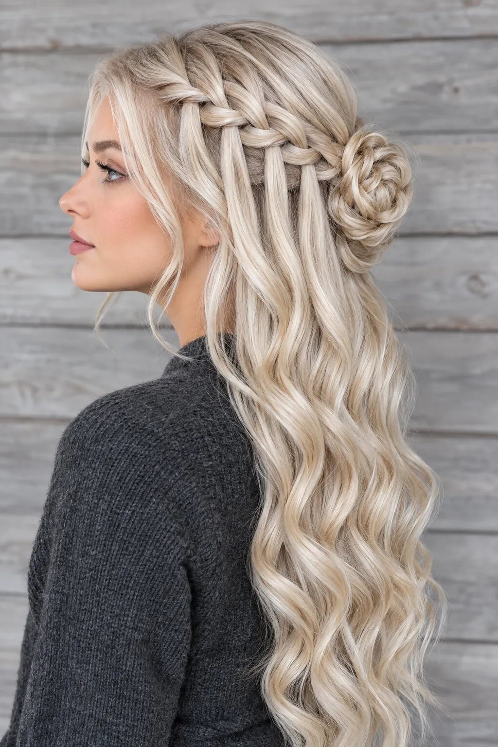 Platinum Waterfall Braid with Rosette Bun and Waves