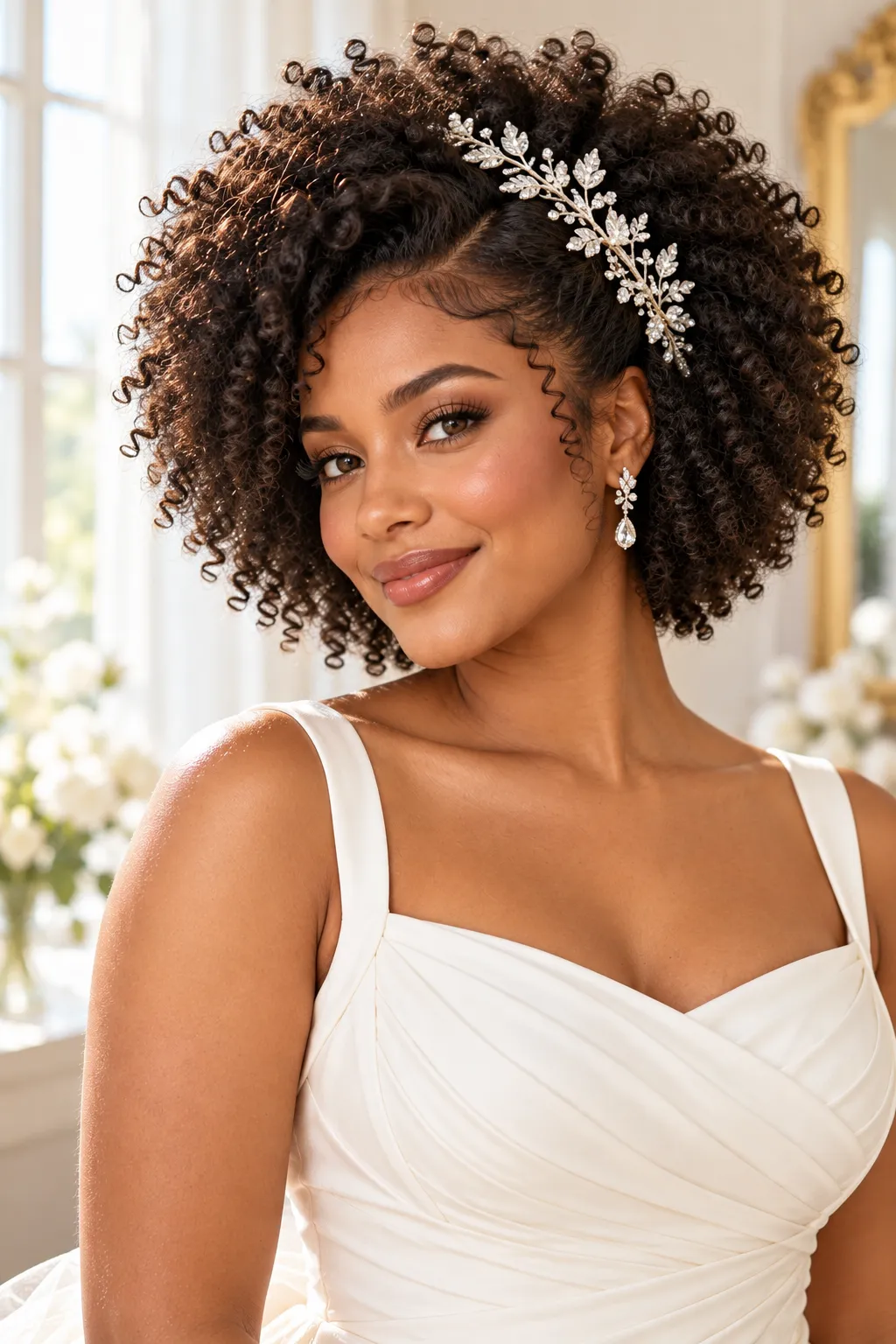 Natural Curly Fro with Crystal Leaf Clip