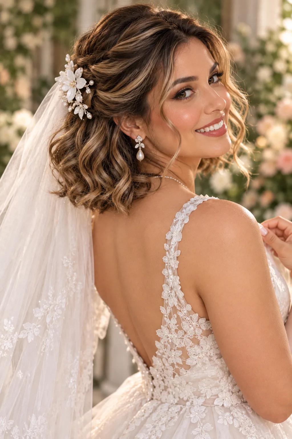 Half Up Curly Bob with Floral Hair Piece