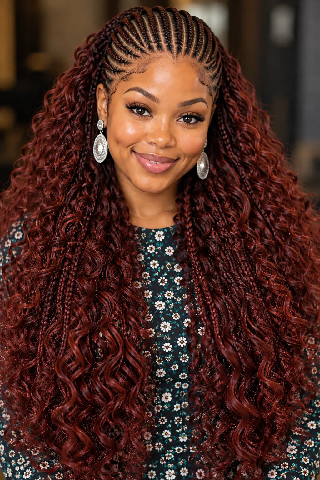 Burgundy Side Cornrows with Curly Boho Braids Burgundy Side Cornrows with Curly Boho Braids