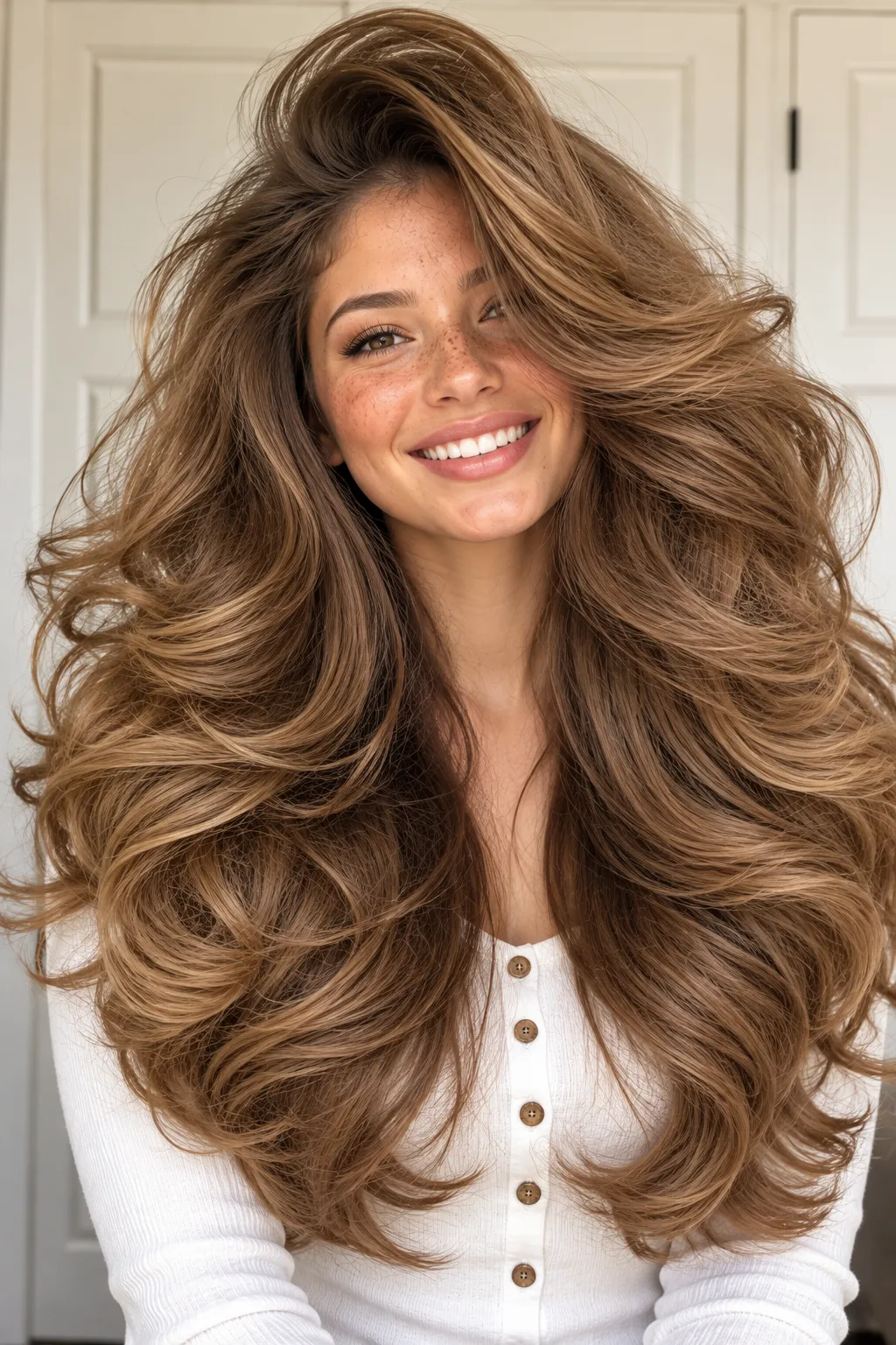Light Brown Big Volume Blowout with Side Swept Fringe Light Brown Big Volume Blowout with Side Swept Fringe