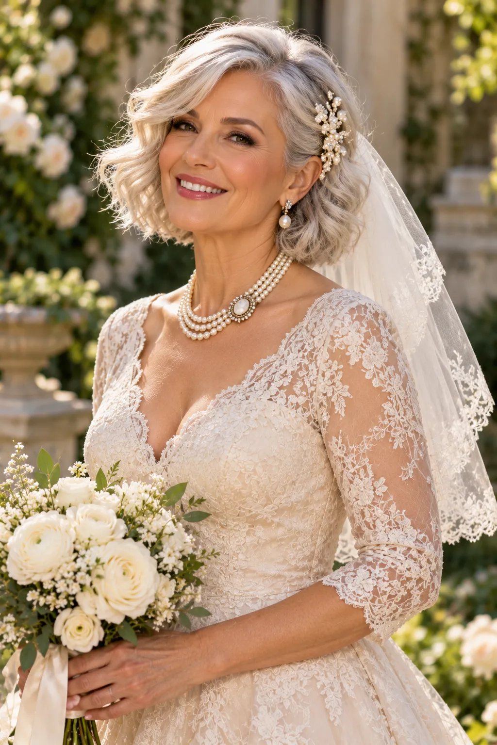 Silver Wavy Bob with Pearl Hair Brooch