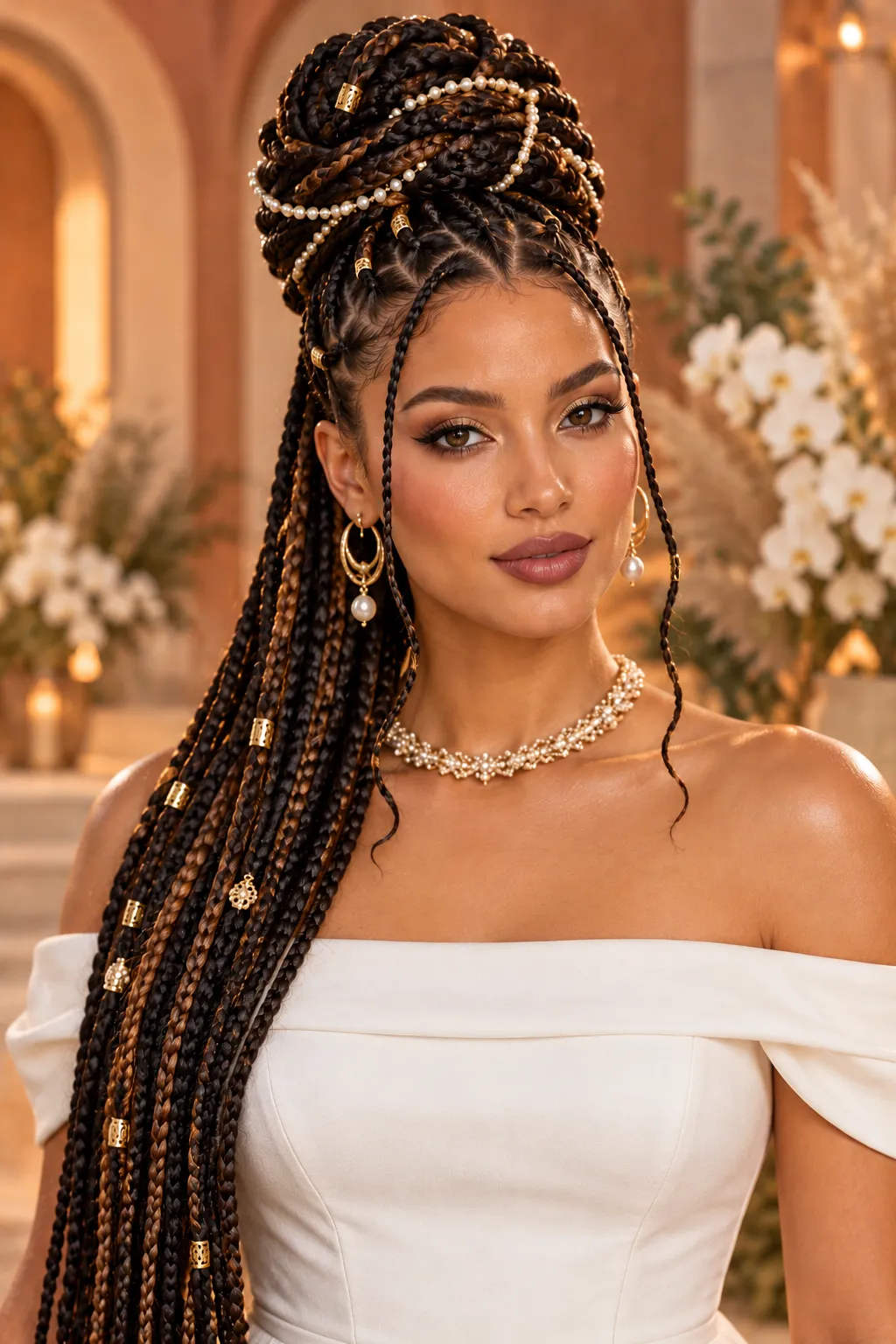 Braided Top Bun with Pearl Strands and Gold Cuffs