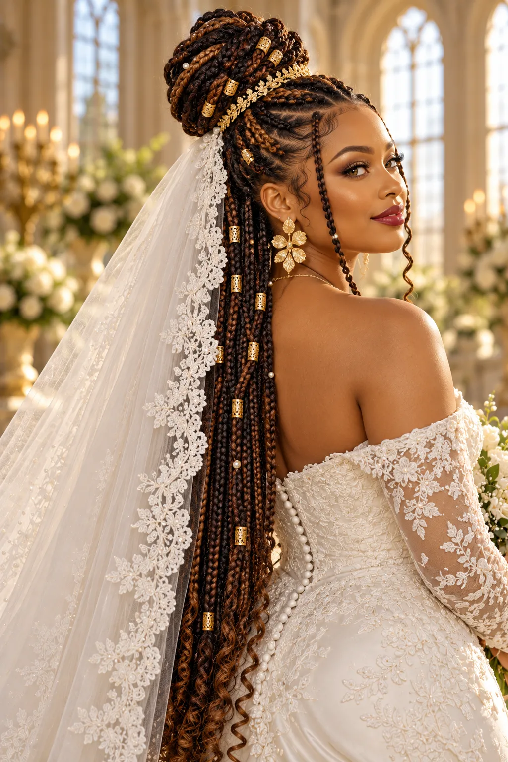 Golden Box Braids Crown Bun with Lace Edged Veil