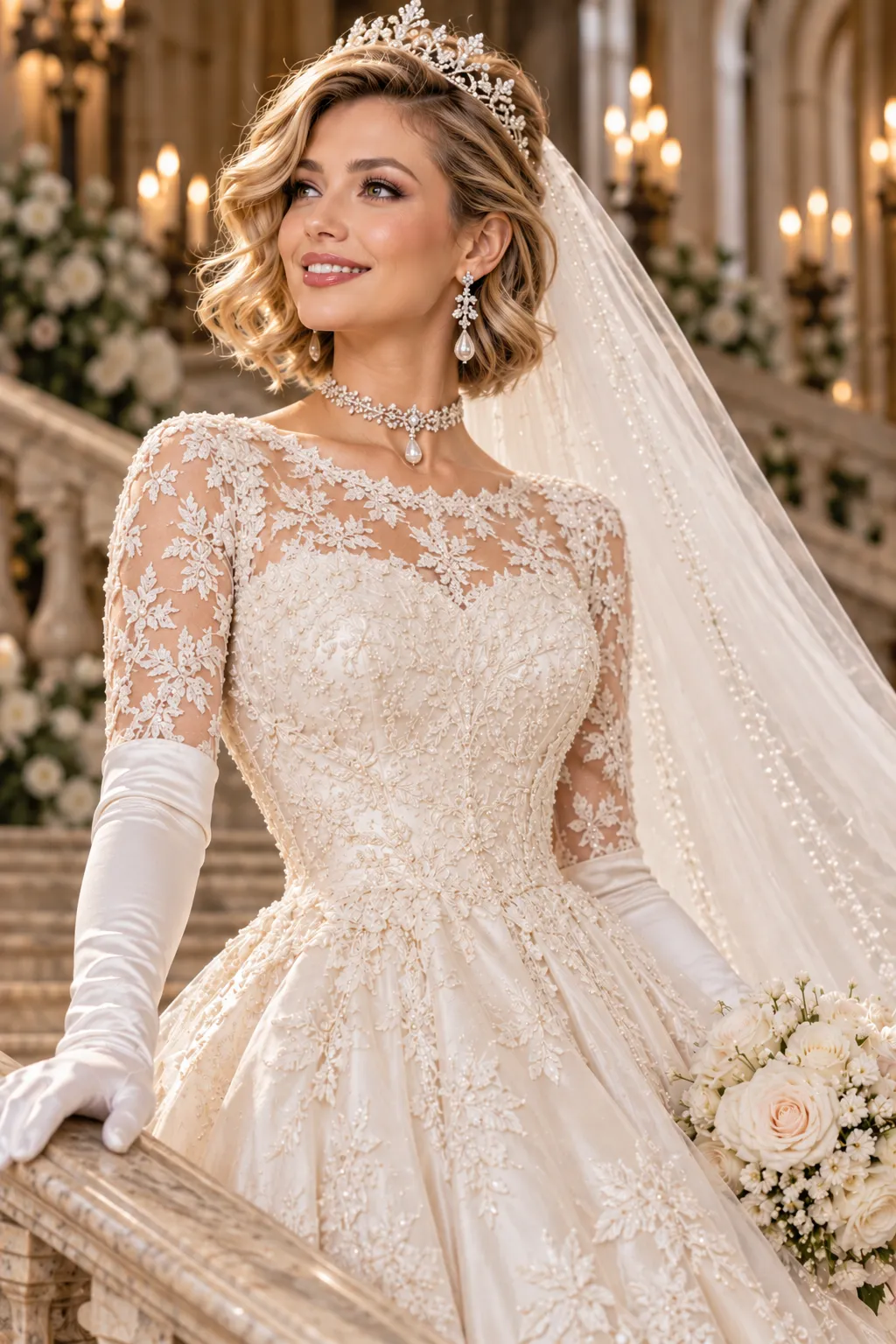 Golden Wavy Bob with Royal Tiara