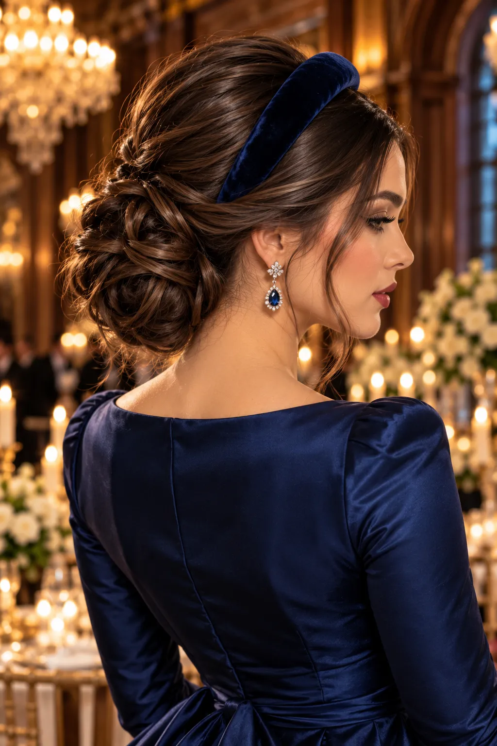 Low Textured Bun with Navy Velvet Headband