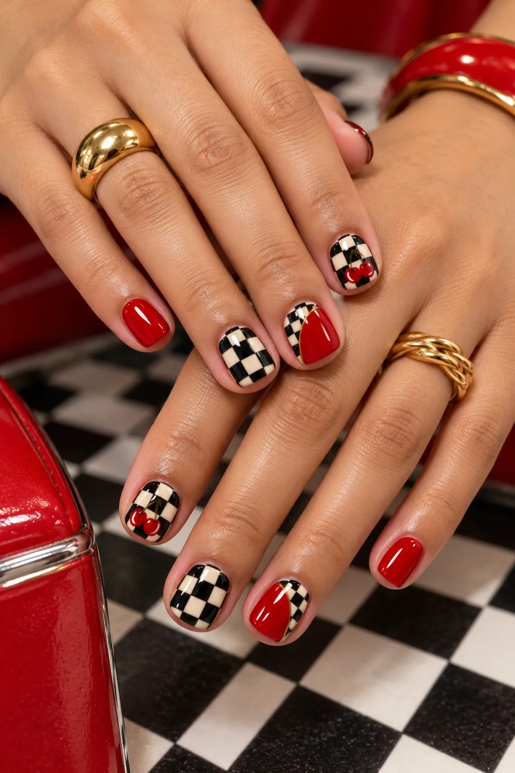 Retro Diner Cherry Checkerboard Nails