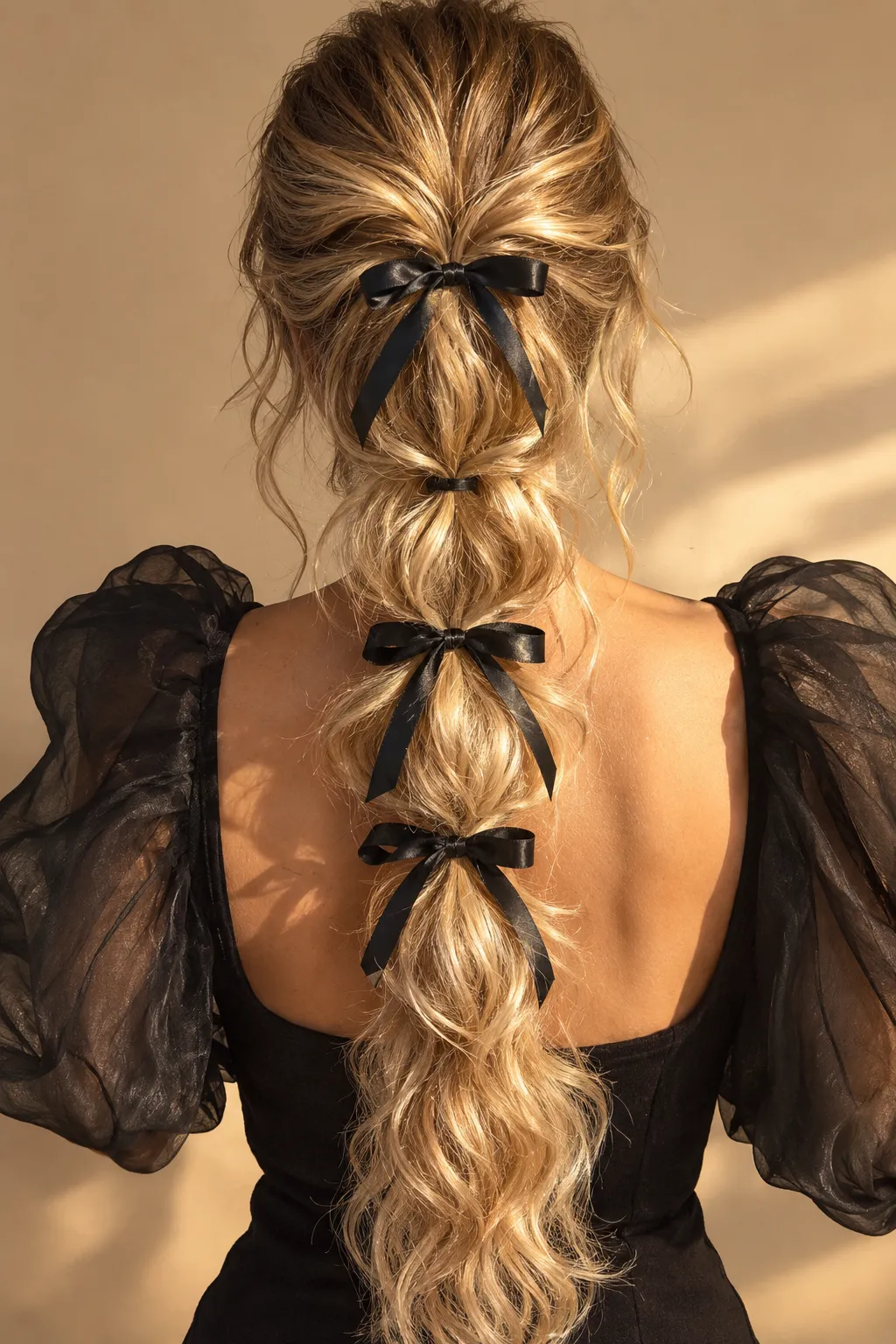 Blonde Bubble Ponytail with Black Satin Bows