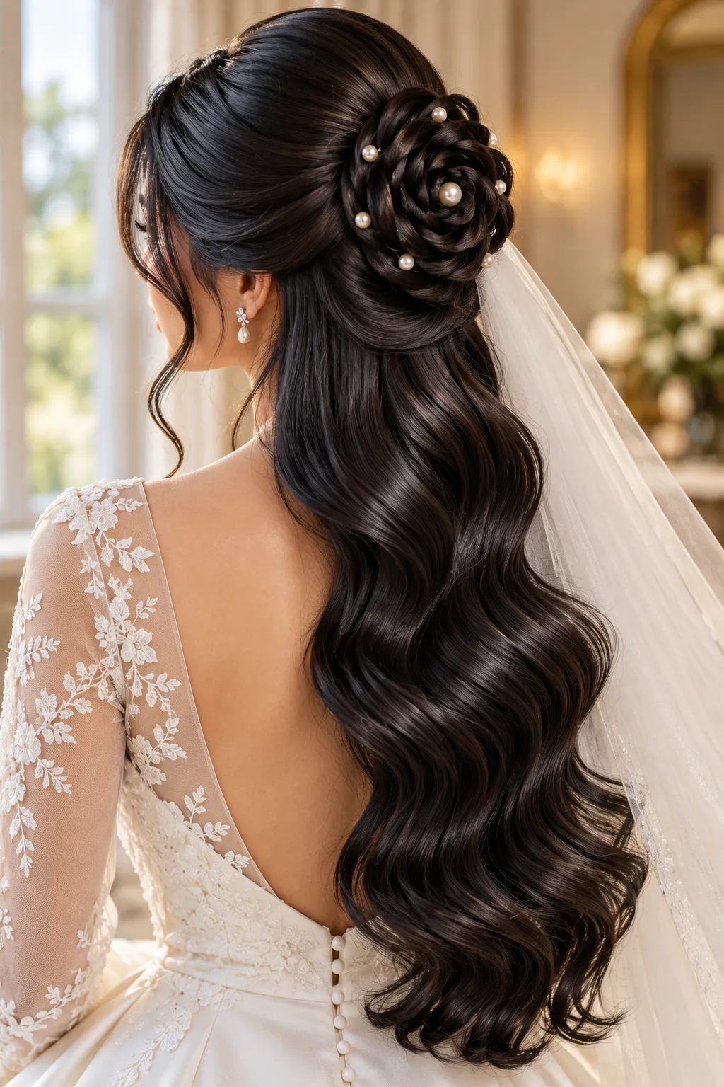 Braided Rose Bun Half Up with Pearl Pins and Jet Black Waves Braided Rose Bun Half Up with Pearl Pins and Jet Black Waves