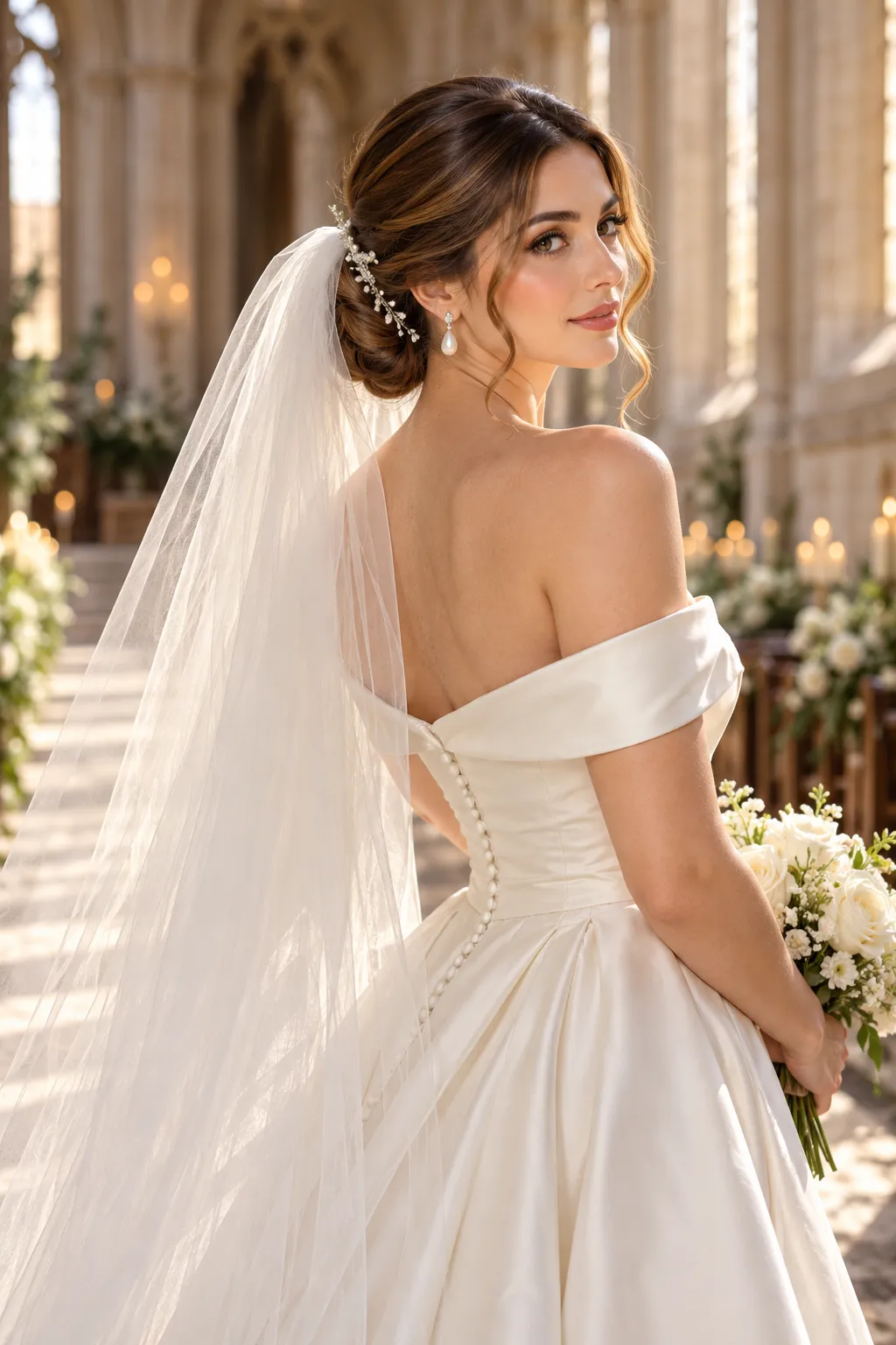 Low Twisted Chignon with Cathedral Tulle Veil